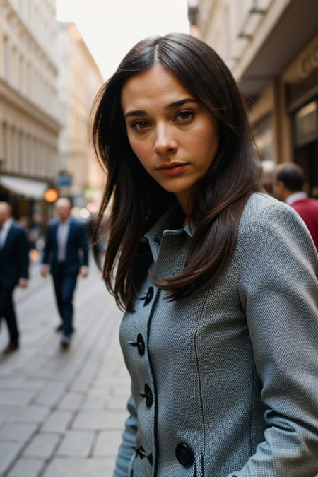 RashidaJones, (spy agency) photo, (closeup on upper body:1.3), (professional assassin, banker clothing, walking down busy sidewalk, lots of people bustling, European old city, afternoon sweet lighting, high camera angle, long zoom lens medium format camera), in the style of (Mission Impossible, John Le Carre)