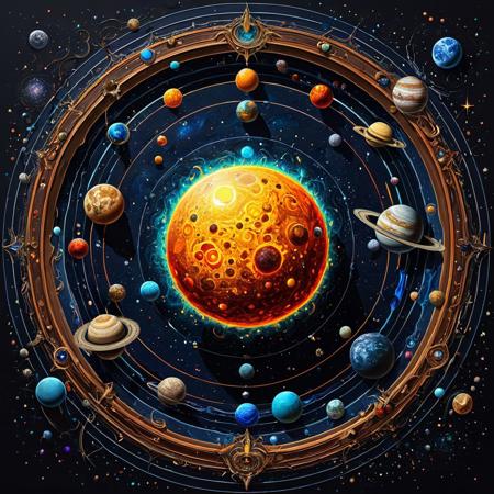 Finely detailed vector illustration, solar system,  ultra realistic quality,circle symbols, dark gradient background, oil painting, hyperdetailed, intricately detailed,  triadic colors,fantastical,intricate detail,splash screen,complementary colors, fantasy concept art, 8k resolution, masterpiece,oil painting,heavy strokes,paint dripping.