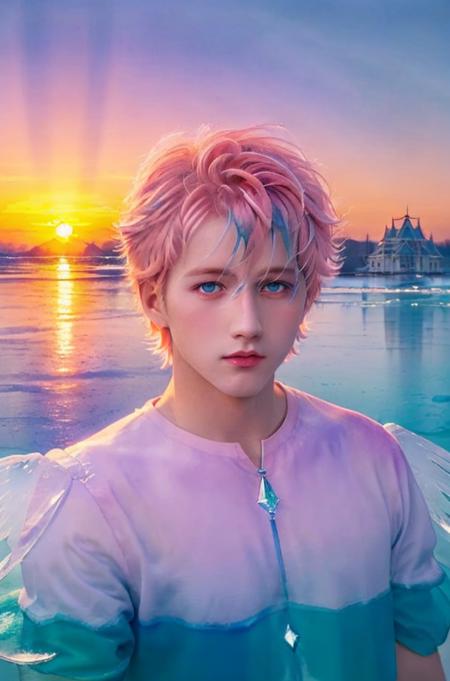 <lora:handsome:0.7> solo, blue eyes, short hair, looking at viewer, upper body, 1boy, pink hair,cup, sunset, beautiful detailed glow,detailed ice,beautiful detailed water,(floating palaces:1.2),(ice crystal texture wings),ï¼Iridescence and rainbow hair:2.5ï¼,