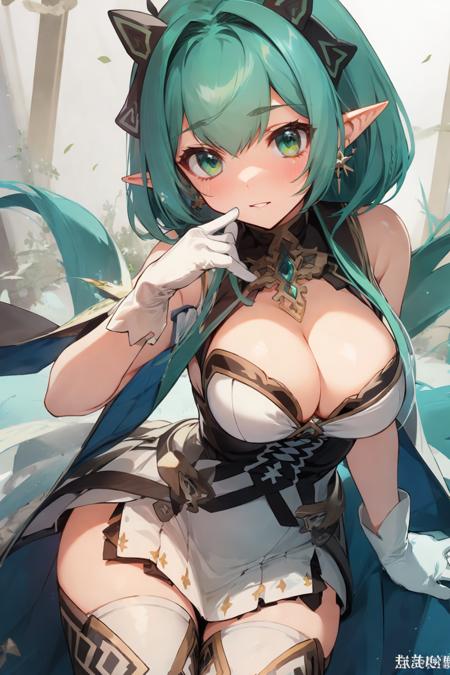 1gril,pointy ears,white dress, cleavage, bangs, white gloves, earrings, jewelry,strapless dress,Green hair,full body, dynamic pose, 