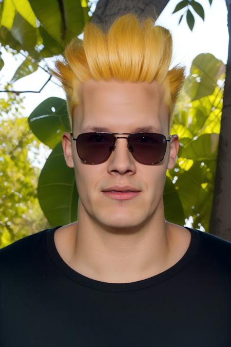 professional photo of johnny bravo, 1boy, sunglasses, black shirt, detailed skin, detailed eyes, bouncer, photo made with Canon EOS in naturalistic style photography, forest background, popular on artstation, popular on deviantart, popular on flicker  <lora:johnny_bravo_v1:1:MIDD>