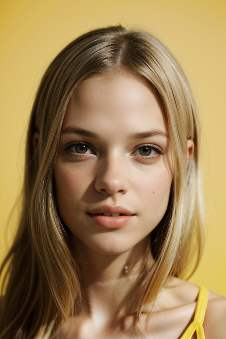 GabriellaWilde, ((light blonde hair)), razored combover bob haircut, yellow paisley dress, spaghetti straps, looking at viewer, Hasselblad H6D, 80mm portrait, natural lighting, oiled skin, perfect eye blush, slightly open mouth, long eyelashes, <lora:epiCRealismHelper:0.2>, <lora:hairdetailer:0.3>, ((basic yellow backdrop:1.3)), detailed skin texture, (blush:0.5), (goosebumps:0.5), subsurface scattering, RAW candid cinema, 16mm, color graded portra 400 film, remarkable color, ultra realistic, textured skin, remarkable detailed pupils, realistic dull skin noise, visible skin detail, skin fuzz, dry skin, shot with cinematic camera