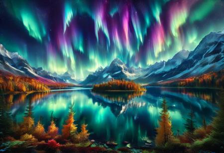 morph-aurora, Nature, autumn leaves, fall, forests, A vast lake surrounded by mountains, a vast lake, with an trees in the center of the lake, fantasy art, RAW Photo, absurdres, high quality, high detail, masterpiece