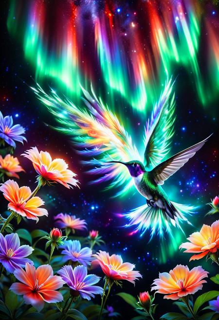 aurora,_morph,high-quality,beautiful, nature photography, beautiful, stunning, 
Brilliant hummingbird with irridescent feathers, flying, drinking from flowers, cosmic aurora background,