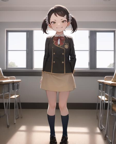 becky blackbell, 1girl, solo, indoors, school classroom, school uniform, standing, ((( evil smile, ))), looking at viewer, arms behind back,