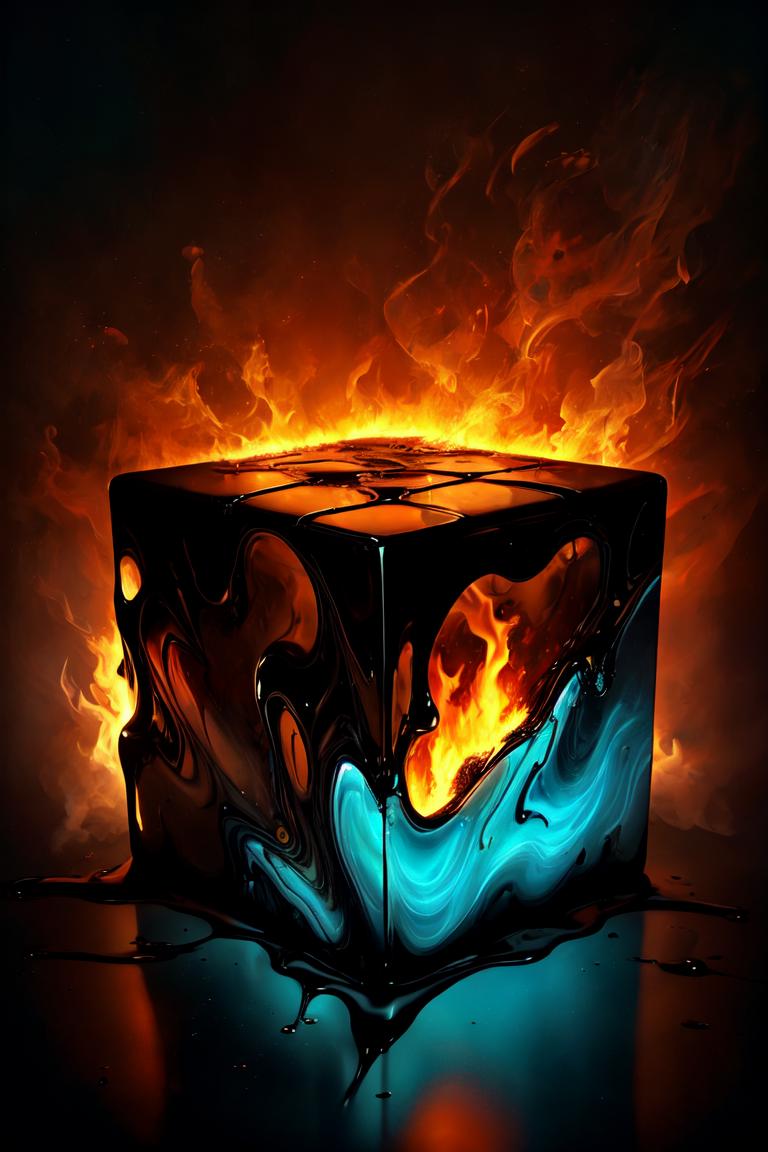 digital art, fire, cube, black and dark brown theme, (shadow, melting):0.8, dada, deferred rendering, <lora:epi_noiseoffset2:0.75>, <lora:more_details:0.45>, <lora:DonM5h4d0wM317:0.65>