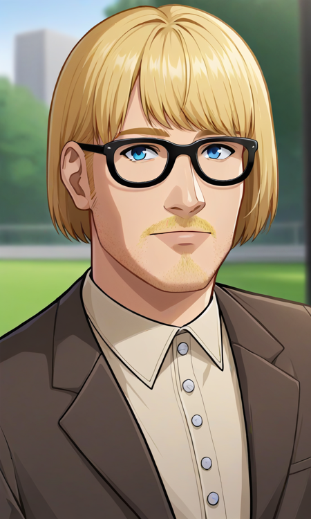 1man, blonde hair, bob hairstyle, beard stubble, bang, blue eyes, brown blazer, beige shirt, white pants, glasses