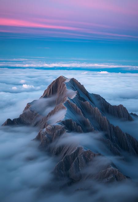 A mountain peak emerging through layers of thinning mist, its surface marked by smooth, flowing rock formations that align into a calm, knowing expression only visible at twilight, distant clouds catching warm pink and blue hues, a serene blend of natural whimsy and minimal sculptural form, vivid