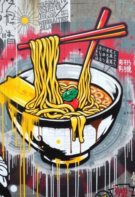 Graffiti art of a bowl of ramen noodles, japanese modern art, street mural, spray paint, highres, great quality