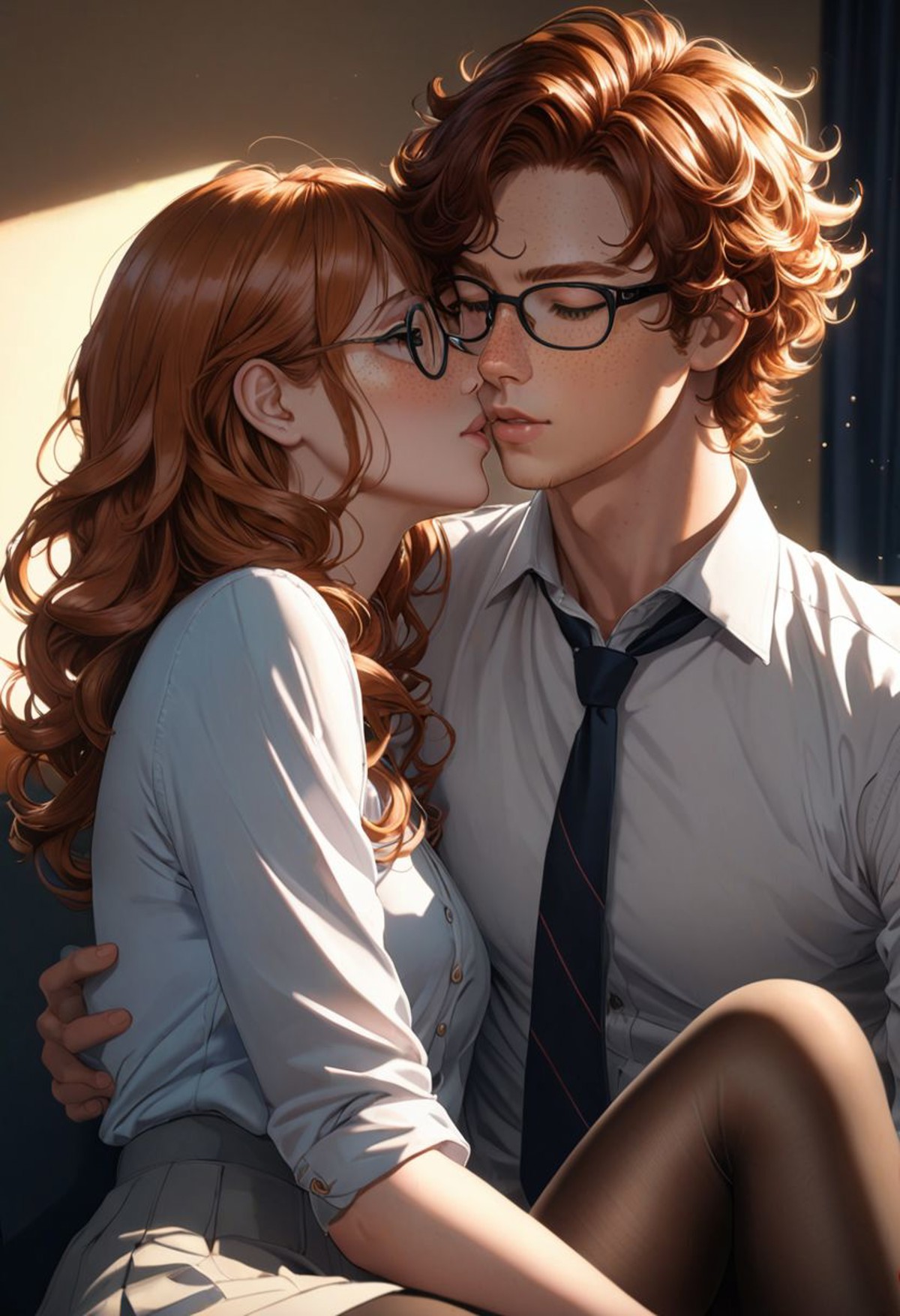 Close-up Portrait of a Ginger Milf teacher Kissing with her student, pantyhose, Full body, Sitting on his lap, Curly Hair ...