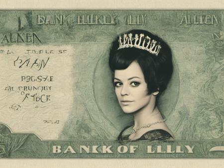 jamie reid style £ note, ££££££, detailed, punk, queen head, crown, Lily Allen, contemporary concept, paper money, pound note, currency,  text says "(BANK (of),  LilLy AlLen)" <lora:so77-XL:0.7>