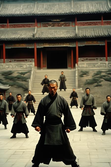 <lora:Director Zhang Yimou style:1>Director Zhang Yimou style - [80518606596611217]An intense martial arts scene depicting  "Descending Dragon 18 Palms" against  "Lonely Nine Swords" in a traditional Chinese courtyard setting. a tall and muscular man with a rugged appearance, wears a black robe and has a thick beard. a slender and agile young man with long hair, wears a white outfit and holds two swords. The two warriors stand facing each other, eyes locked in a fierce stare-down. The camera angle is low, showing the intricate movements of the fight from a dynamic perspective. The lighting is natural, with the sun casting shadows and highlighting the details of the fighters' faces and costumes. The swords clash loudly and sparks fly as they exchange rapid blows. In the background, other characters watch the duel in awe, adding to the dramatic tension of the scene. The painting captures the spirit of classic Chinese martial arts and the legendary characters of  novels. UHD, 16k, retina