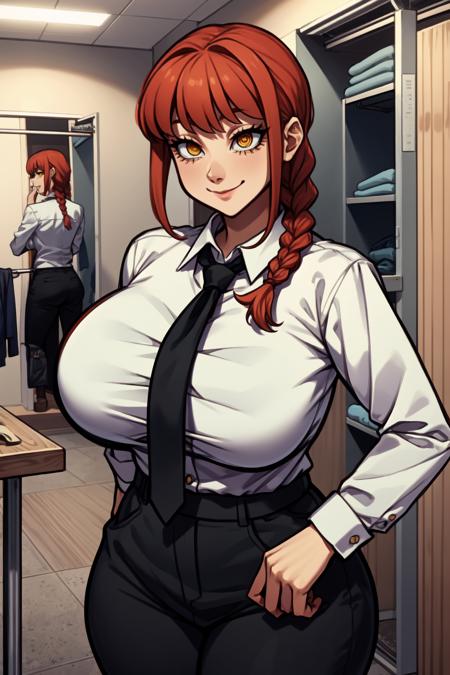 (1girl:1.3), (solo:1.2), curvy, (masterpiece:1.2), (best quality:1.2), (perfect anatomy:1.4), (dynamic pose:1.4), (shy:1.2), shy smile, thick body
<lora:Coffeelove68 [MockAi - v1.0]:0.8> coffeelove68, (thick lineart:1.1), soft lineart, (huge breasts:1.2), (cowboy shot:1.2), <lora:Makima [nochekaiser881 - v1.0]:0.8> makima, long hair, smile, bangs, (yellow eyes:1.2), braid, red hair, braided ponytail, ringed eyes, shirt, long sleeves, white shirt, necktie, collared shirt, pants, black pants, formal, suit, black necktie, shirt tucked in, office lady, (changing room:1.4), (curtains:1.2), inside, well lit, high fashion store, cloth hanger, (wooden chaning room stall:1.2),