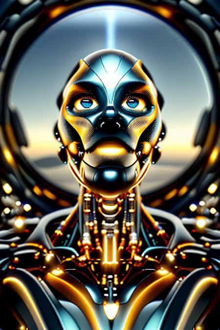 masterpiece, awesome quality, hyper detailed, ((DonMX3n0T3ch, futuristic, scifi, tech)), female robot,  <lora:DonMX3n0T3ch:1.5>