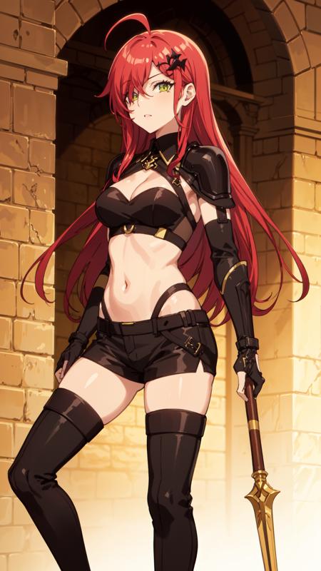 sisro a woman, long red hair which covering her right eye, green eye, black hair ornament, black adventure exposing body top, midriff, black gauntlets, black shoulder pads, teenie black jeans, black long stocking boots, holding yellow spear