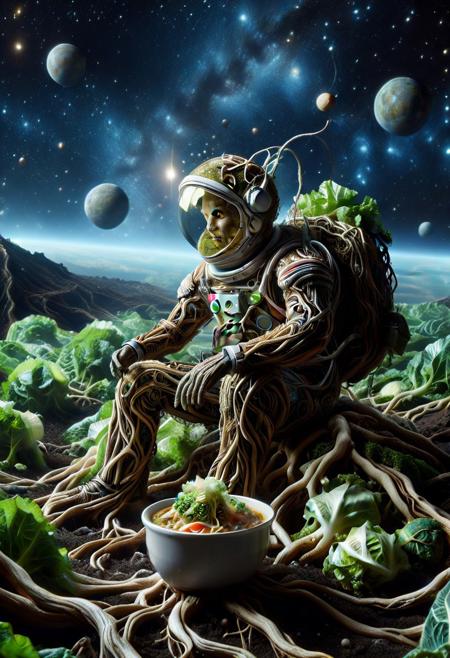 morph-treeroots, (made of roots:1.3), closeup astronaut, sitting, eating ramen, wear astronaut suit, on space planet ground, surround by multiple cabbage, cinematic, cinematic lighting, (masterpiece, best quality:1.4), ultra-high res, 4k, Photorealistic, insanely detailed, sfw,