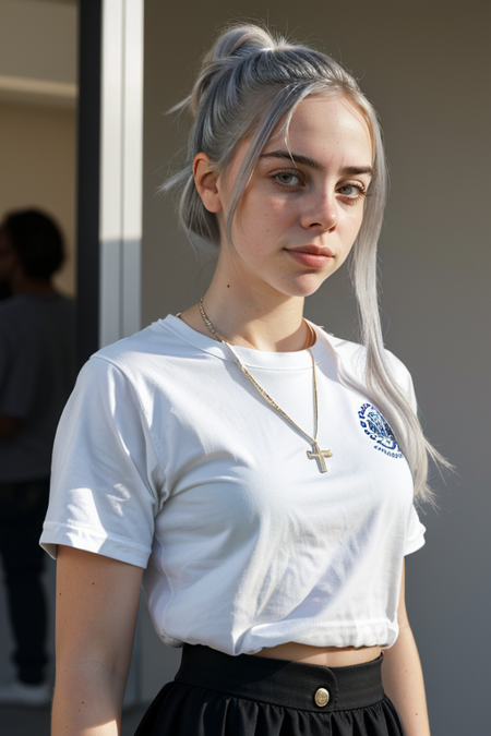 BillieEilish-300, advertising poster style, (shushing, upper body:1.3), (chiaroscuro:1.3), short black skirt, unbuttoned white blouse, messy bun, camera, highres, extremely detailed, beautiful detailed woman, full body, realistic, light on face, cinematic lighting, perfect eyes, professional, modern, product-focused, commercial, eye-catching, highly detailed