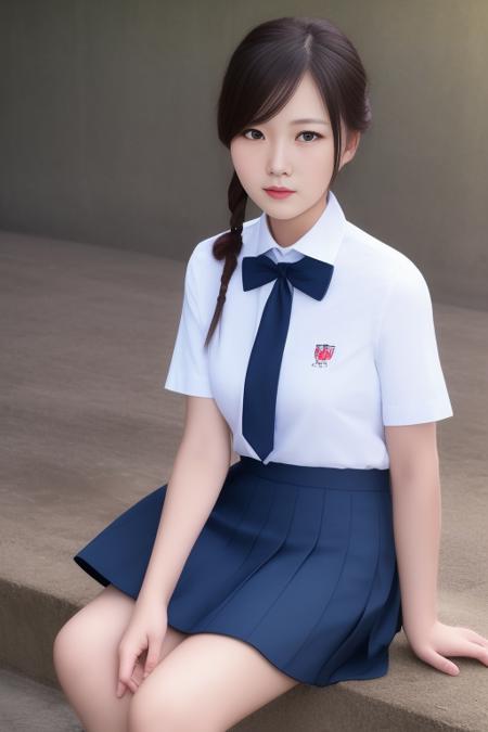 best quality, masterpiece,real,realistic, photo,photorealistic, looking at viewer,1girl,
xiaofu,school uniform,shirt,skirt,short sleeves,neck ribbon, sitting, 
<lora:xiaofu_v1_01:0.8>