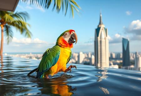 Happy parrot, playing in water,  drinking, thristy, daylight  penthouse, tropical city, morning, skyscraper, distant city,