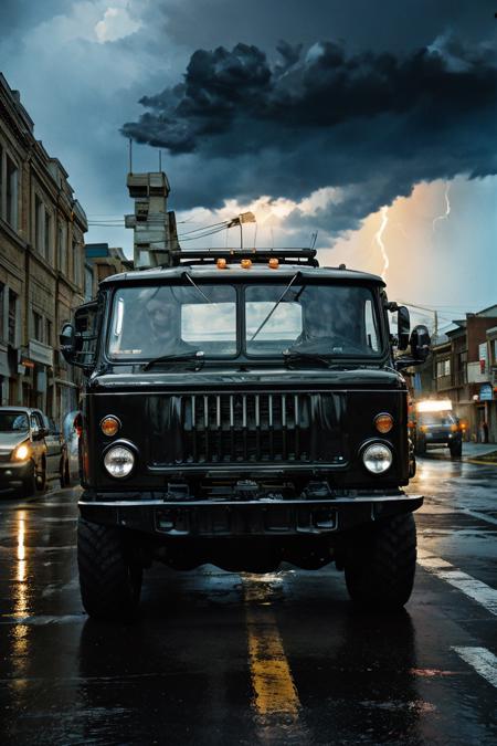 photo RAW,(<lora:gaz66:0.7>, a (black:1.15) truck driving down a street,high speed,stormrain,autumn), masterpiece, award winning photography, lighting, perfect composition, high detail, hyper realistic,dramatic lighting, epic