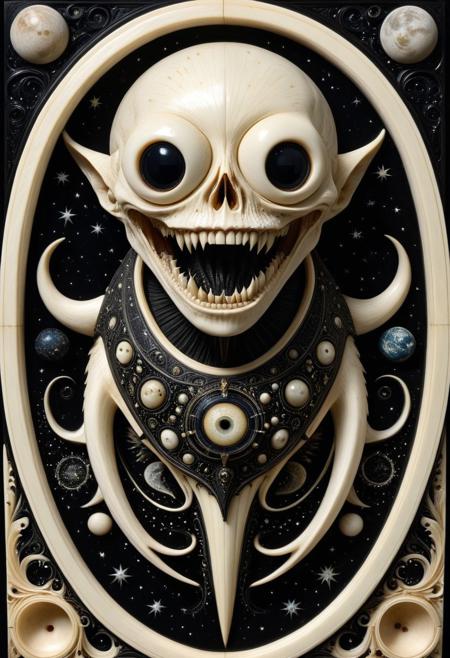 masterpiece,ultra-high resolution,incredible composition,extremely detailed, 
Ebony and Ivory Scrimshaw style monster  with googly eyes, sharp teeth, rage extraterrestrial inside it, in space. made of enchanted  Macabre made out of, ebony, ivory, scrimshaw, bone carving