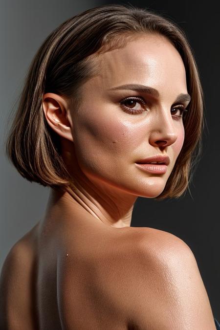 natalieportman-smf, full color portrait of woman, (oiled shiny skin:1.0), (undercut hair:1.0), (face close up:1.0),
masterpiece, best quality, sharp focus, highres 8k uhd, ultra-detailed, rim light, deep grey background,
 <lora:natalieportman_lycoris_01:0.9>