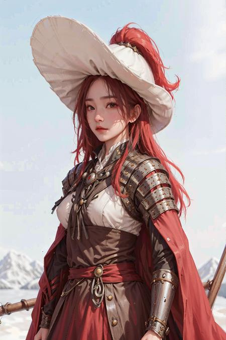 1girl wearing fanyang felt hat, big breasts, ((red cloak)), long hair, armor, masterpiece, best quality, photorealistic, snowing,  <lora:fanyang_felt_hat_v2:0.6>