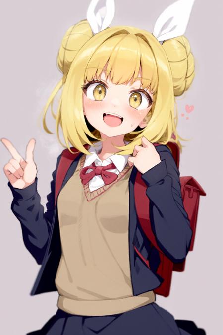 masterpiece, best quality, <lora:style04:1>,
 <lora:JoutouguMayumi:1>, 
1girl, joutouguu mayumi, double bun, blonde hair, solo, bag, hair bun, shirt, red bow, open mouth, ribbon, yellow eyes, white shirt, short hair, haniwa (statue), hair ribbon, simple background, skirt, red bowtie, white ribbon, smile, bow, collared shirt, backpack, school uniform, blush, grey background, bangs, black skirt, bowtie, sweater vest, looking at viewer, alternate costume, teeth, upper teeth only, notice lines, red ribbon, vest