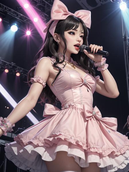 solo, beautiful girl, idol dress, singing, stage lights, bows, ribbon, jewelry <lora:idol_dress-1.0:0.8>