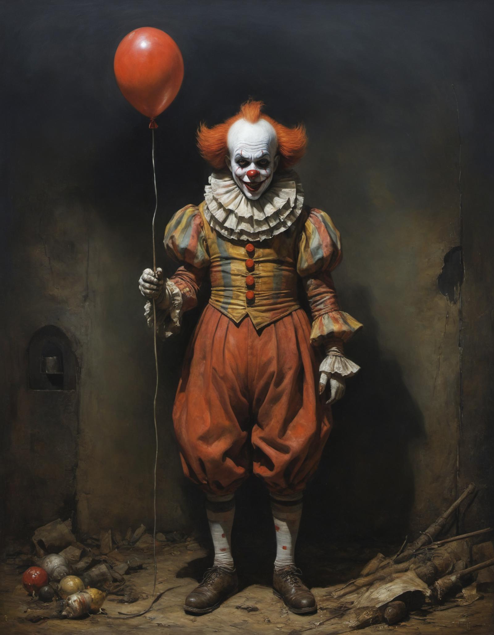 A dark painting of a clown holding a red balloon.