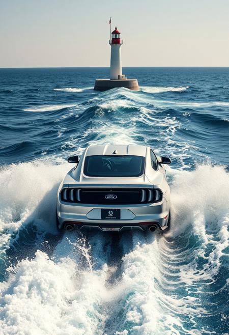 silver perl color ford mustang surfing on huge ocean waves, sunny weather,  water splashes, silver perl color ford mustang sport drifting on waves around a lighthouse in the middle of the sea, view from back of the car