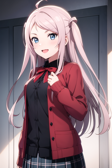 (masterpiece, best quality, ultra-detailed), (illustration), (beautiful detailed eyes), (1girl), (solo), zhong lanzhu, long hair, bangs, blue eyes, pink hair, ahoge, sidelocks, two side up, <lora:LanzhuLL_v2:0.65>,
red cardigan, nijigasaki academy school uniform, pleated skirt,