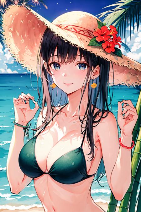 palm_leaf, palm_tree, potted_plant, tree, hat, plant, 1girl, flower, leaf, straw_hat, hibiscus, coconut, fireworks, jewelry, solo, spider_lily, breasts, earrings, branch, swimsuit, red_flower, cleavage, feathered_wings, bikini, looking_at_viewer, aerial_fireworks, lily_\(flower\), long_hair, bamboo, collarbone, beach, smile, sunset, medium_breasts, tanzaku, outdoors, hands_up, leaf_background, sun_hat, black_hair, upper_body, bracelet, bangs, bikini_top, tanabata, hands_on_headwear, parrot <lora:style_Hiten_3.0:0.8>