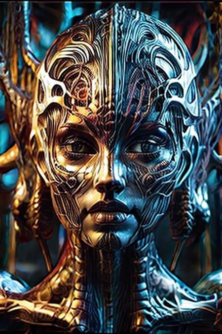 A humanoid AI represented in Art Nouveau style, with intricate, flowing lines and decorative patterns. She has a serene expression, her hair a cascade of metallic threads intertwined with floral motifs. Her body is partly robotic, with gold and pearl accents, seamlessly blending with organic forms. The background is a stained-glass-style design, featuring celestial and floral imagery. Art style: detailed, ornamental, and vintage-inspired."