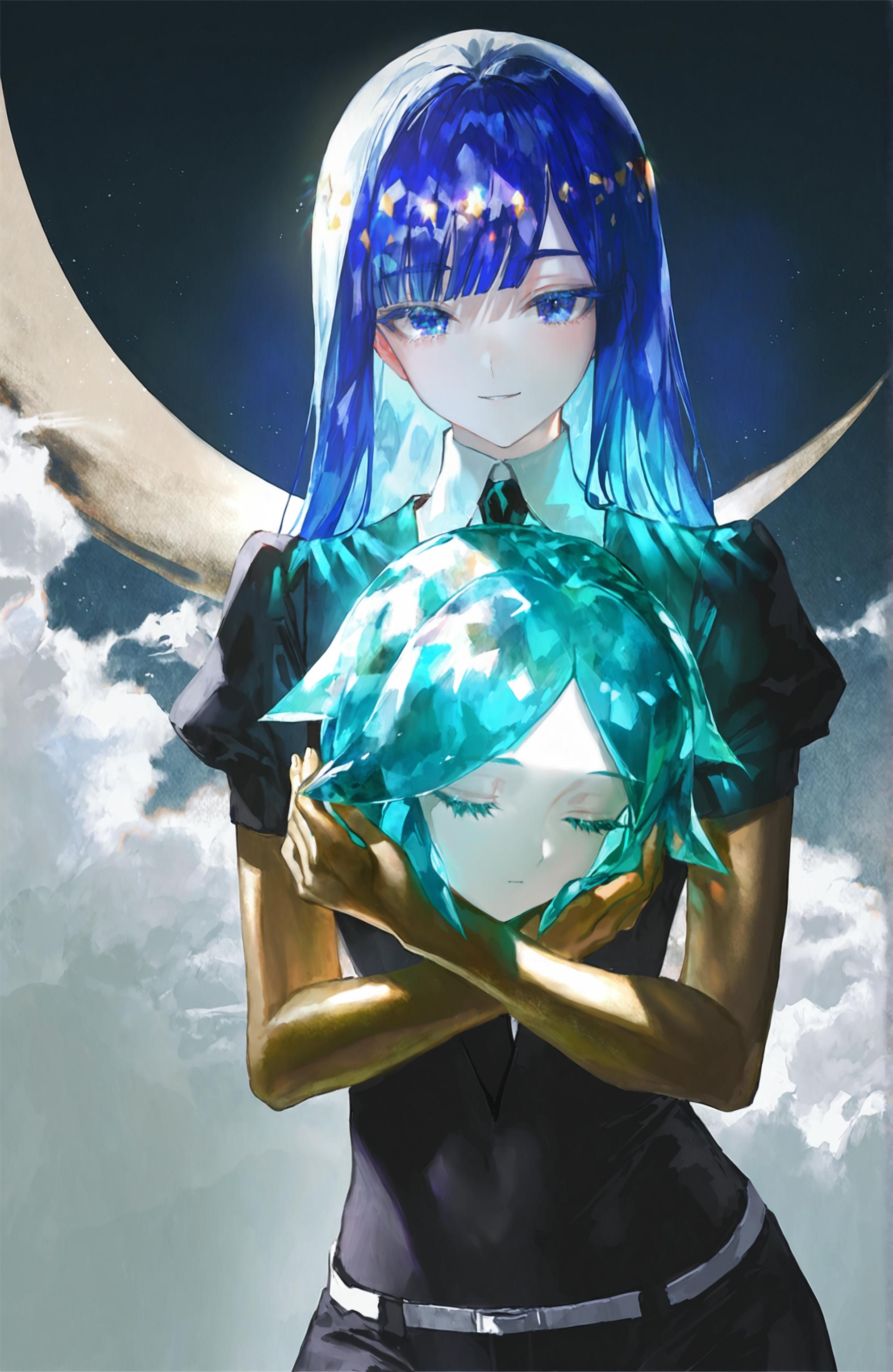 artist:gomzi,artist:wanke,artist:fuzichoco,artist:quasarcake,artist:diyokama,year 2023,
lapis lazuli \(houseki no kuni\),long hair,mature female,tall female,smile,half-closed eyes,parted lips,black shorts,holding head,head on chest,
phosphophyllite \(houseki no kuni\),aqua hair,disembodied head,closed eyes,expressionless,
looking at viewer,upper body,close-up,light particles,dust,shiny,golden arms,dark sky,cloud,moon,, best quality,amazing quality,very aesthetic,absurdres,beast quality,masterpiece,extremely detailed