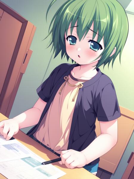 <lora:SakurazawaKeito:0.8>, SakurazawaKeito, solo, green hair, 1boy, short hair, ahoge, shorts, green eyes, counter Shot, child, blue eyes, 
home in the room,
 masterpiece, high quality, very_high_resolution, large_filesize, full color,