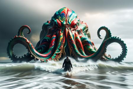 <lora:Colorful_Marbled_Paper_SDXL_v2:1> colorful mad-marbled-paper , cthulhu rising from the ocean, gigantic size, dark and apocalyptic light, masterpiece, 8k, gigantic proportion, detailed waves, sky filled with lightning, raging ocean, end of the world storm atmosphere, a man alone faces, cinematic composition, soft shadows, national geographic style <lora:XL_boss_battle:1>, cinematic shot , masterpiece, best quality, ultra high res, (photorealistic, realistic:1.2), deep shadow, raw photo, film grain, Fujifilm XT3, 8k uhd, dslr
