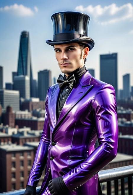 shnywrld, Latex purple suit, Male in a top hat, city background, photograph, picture, high quality, detailed, realistic
