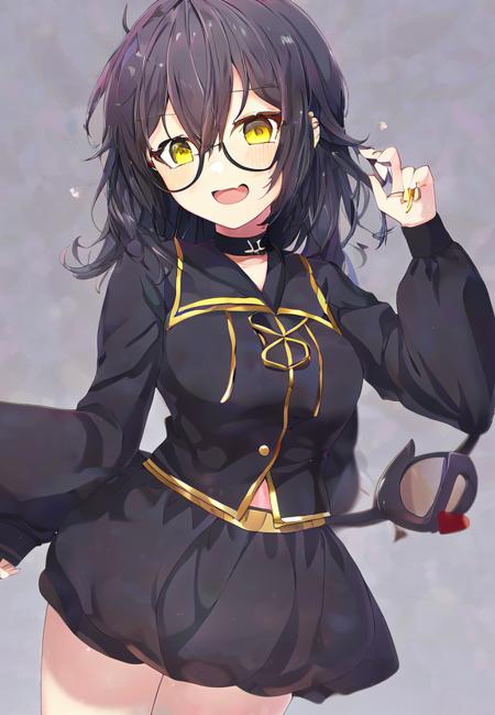 by hanaarare, 1girl, black hair, yellow eyes, glasses, skirt,