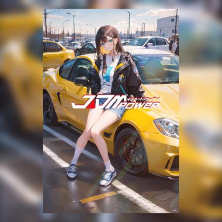 ((masterpiece, best quality)), 1girl, car, solo, shorts, jacket, bangs, sitting, shirt, shoes, hairclip, socks, sneakers, denim, sidelocks, motor vehicle, long hair, ground vehicle,brown hair, looking at viewer, white shirt, black jacket, long sleeves, sports car, vehicle focus, aqua eyes, white socks, blue shorts, open clothes, black footwear, denim shorts, open jacket