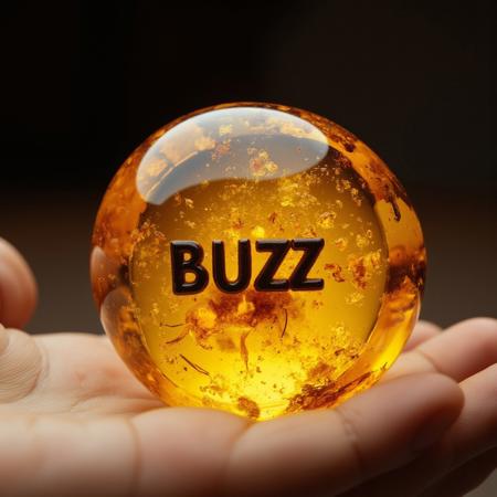 improved cinematic photo, 35mm photograph, film, professional, 4k, highly detailed, aidmaMJ6.1,
An amber fragment enclosing the word "BUZZ",
The amber fragment is a smooth, slightly irregular sphere, roughly the size of a marble, with a warm golden-brown hue. Its surface is polished, gleaming softly under light, revealing a mesmerizing play of golden, honey, and orange tones. Tiny air bubbles and organic inclusions are scattered throughout, lending it a sense of antiquity and natural complexity.
Inside, the word "BUZZ" is suspended in the middle of the gem, its delicate body encased in the translucent amber.
The gem is held atop an open hand.