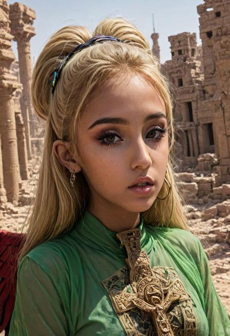 , solo of goodisis, goodnes ornate, egypt, ruins, oasis, energy, aura, dust, debris, Face looking, tanned skin, women, Ankh Cross, wings, ankh, Black Eyeliner Ariana Grande-Butera cyber punk blond Ariana Grand-Butera red army thin transparent wet green cloth