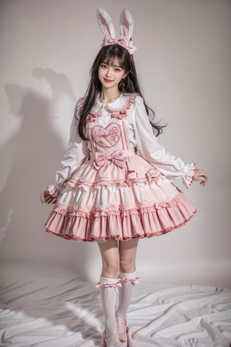 best quality, masterpiece, photorealistic, 1girl, solo, full body, standing, arms at sides, black hair, straight hair, blunt bangs, looking at viewer, smile, cyb dress, frilled dress, layered dress, long sleeves, rabbit ears, white thighhighs, pink high heels, simple background, <lora:sweet_attire_style2_v1:0.7>