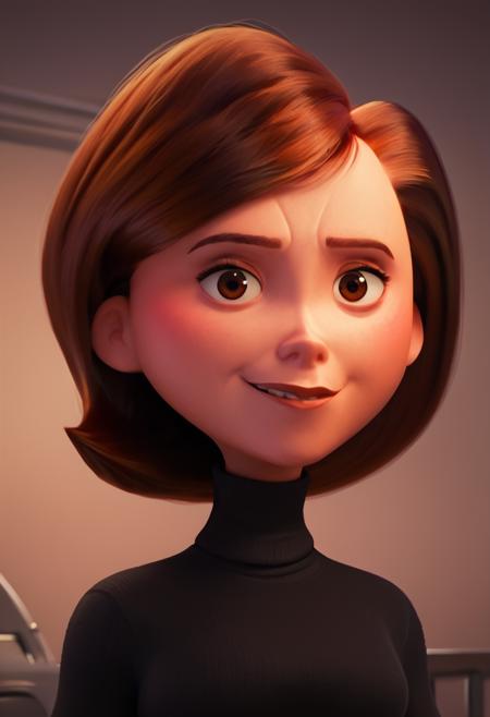 helen parr, 1girl, solo, brown hair, brown eyes, red bodysuit, domino mask, elbow gloves, lips, yellow belt, thigh boots