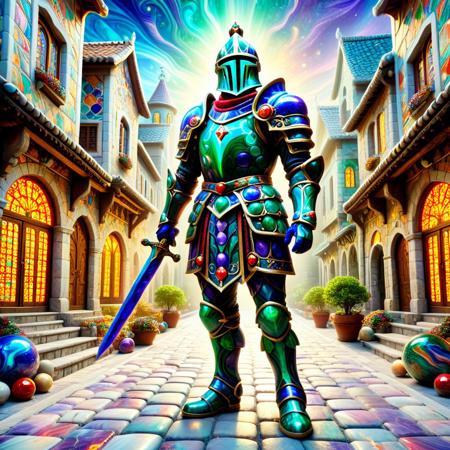 A vibrant and dreamlike scene: A woman stands in a village, both she and her surroundings brought to life in a dazzling array of colorful marble. She is clad in a full suit of knight's armor, each piece crafted from a different hue of polished marble – perhaps emerald green pauldrons, sapphire blue gauntlets, ruby red breastplate, and amethyst purple greaves. The colorful marble gleams, catching the light and creating a kaleidoscope of reflections. The village behind her echoes this vibrant palette, with houses built from swirling combinations of jade, lapis lazuli, carnelian, and other colorful marbles. The cobblestone streets shimmer with embedded fragments of opal marble, scattering iridescent flashes of color with every imagined step. The overall atmosphere is one of fantastical beauty and otherworldly richness, the opal marble adding an extra layer of luminous magic to the already vibrant scene. The air seems to hum with the silent symphony of color and light. Masterpiece level quality, high resolution, soft lighting, masterpiece, best quality, high quality, ultra detailed, highly detailed, high detail, artistic lighting, perfect soft lighting, detailed image, high resolution, 4k, 8k