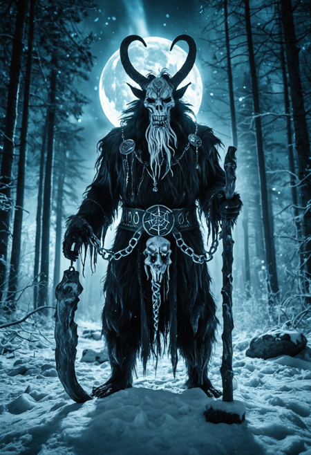 Krampus the Snowbound Ancient, towering demonic creature with long black fur and gnarled horns crusted with frost, skeletal mask half-covered in snow, icy chains draped from his belt, glowing runes etched into his flesh, spectral wolves made of snow circling him, spirits of children floating around, standing in a dark taiga forest under northern lights, ritual circle glowing beneath his feet, holding a staff made of bones and ice, double exposure of moonlight and ghostly figures layered into the background, high contrast, cinematic lighting, hyper detailed texture
bo-exposure, double exposure, spectral haze, ice forest, ritual circle, ghostly aura
<lora:s:1> <lora:fluxenhancer:1> <lora:Midjourney_SemiReal_Dream_FLUX_LoRA_V2:1> <lora:sameface2:1>