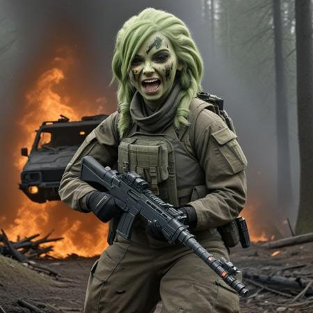 A happy female nautolan soldier with green skin firing a blaster rifle and running next to a destroyed futuristic military vehicle engulfed in billowing flames and thick black smoke in a forest war zone