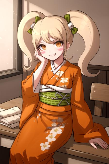 masterpiece, best quality, highres,  <lora:HiyokoDGv3:1>, 1girl, solo, cat hair ornament, blush stickers, japanese clothes, kimono, hair ornament, bow, hair bow, obi, orange kimono, sash, long sleeves, wide sleeves, green bow, sky, close-up, indoors, smile, smug, arm support, desk, sitting, hands on own face, petite,