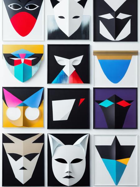 <lora:GeorgeCondo:1>a collage of different masks and paintings on a black background with a white frame by George Condo