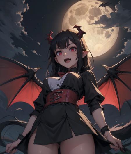 masterpiece,best quality,absurdres,girl,vampire,demon_girl,fang,floating,from below,moon behind,night,